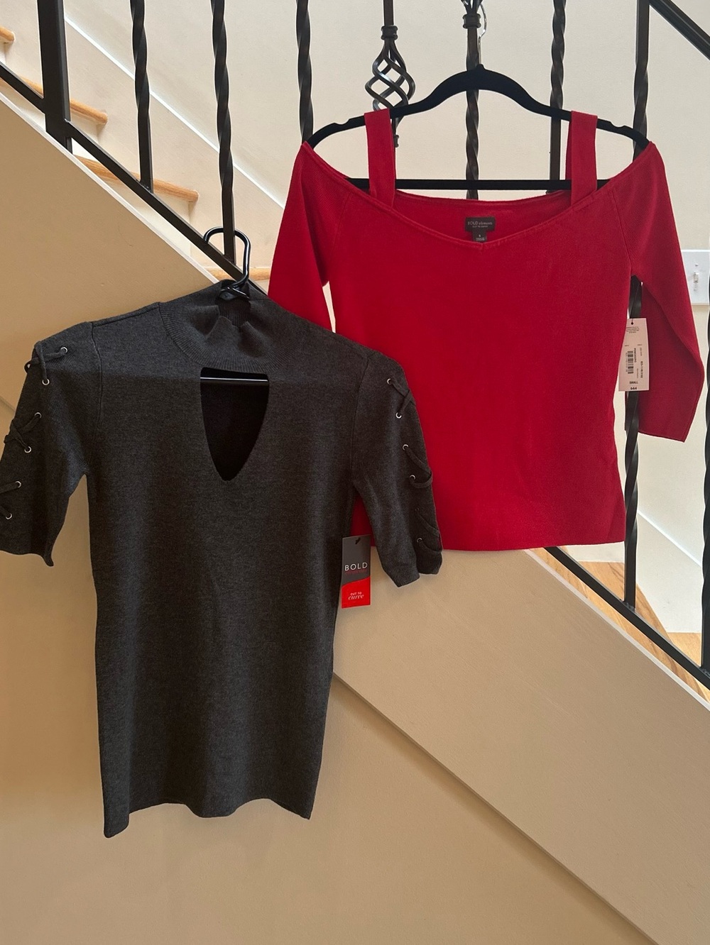 BOLD elements Red Off-Shoulder Strappy Top & Charcoal Lace-Up Sleeve Top